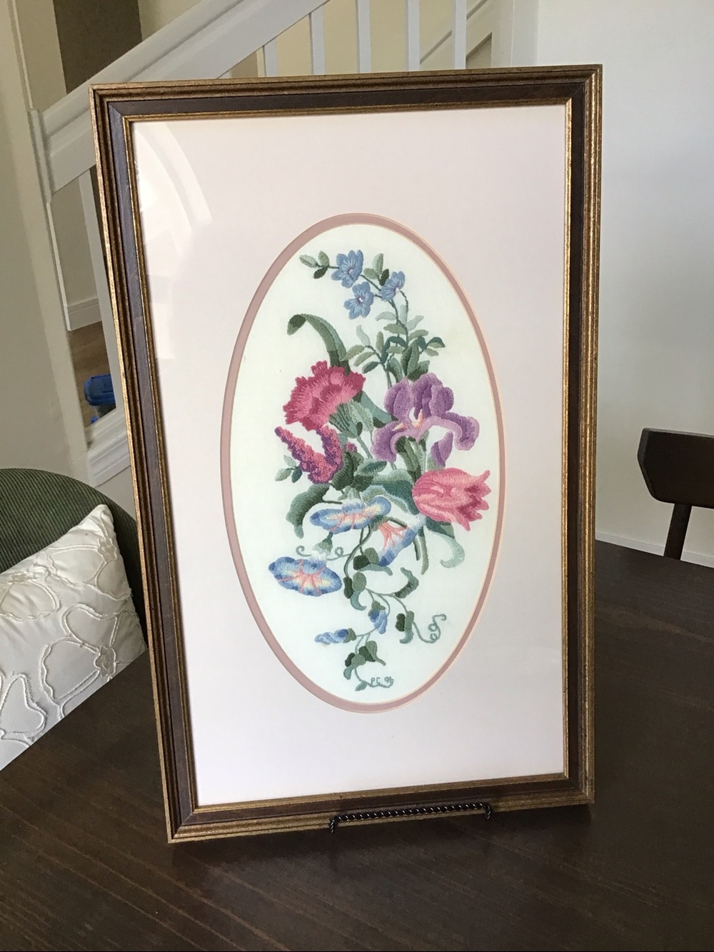 Vintage framed “Needle Treasures” crewel “Morning Glory” floral needlework